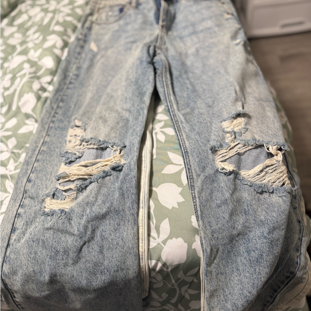 Sneak Peek Light Blue Distressed Straight Leg Jeans